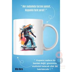 Win Ovro Premium Beyaz Porselen Hediye Kupa Bardak Çift Yön Baskı - Graffiti Skater Rengine KayKay