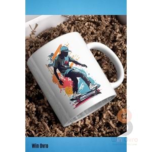 Win Ovro Premium Beyaz Porselen Hediye Kupa Bardak Çift Yön Baskı - Graffiti Skater Rengine KayKay