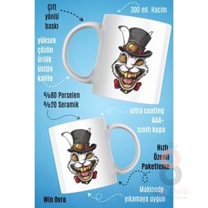 Win Ovro Premium Beyaz Porselen Hediye Kupa Bardak Çift Yön Baskı - Altın Dişli Şapkacı Deli Tavşan