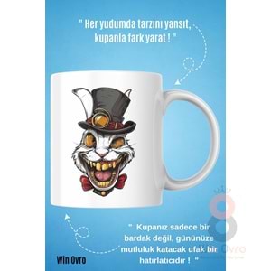 Win Ovro Premium Beyaz Porselen Hediye Kupa Bardak Çift Yön Baskı - Altın Dişli Şapkacı Deli Tavşan
