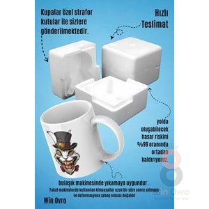 Win Ovro Premium Beyaz Porselen Hediye Kupa Bardak Çift Yön Baskı - Altın Dişli Şapkacı Deli Tavşan