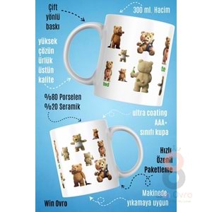 Win Ovro Premium Beyaz Porselen Hediye Çift Yön Baskılı Kupa Bardak - Ayı Teddy Bear 01