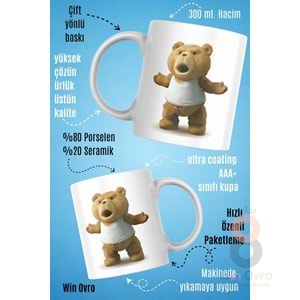 Win Ovro Premium Beyaz Porselen Hediye Çift Yön Baskılı Kupa Bardak - Ayı Teddy Bear 03