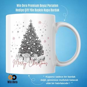 Win Ovro Premium Beyaz Porselen Hediye Çift Yön Baskılı Kupa Bardak - Merry Christmas Happy New Ye
