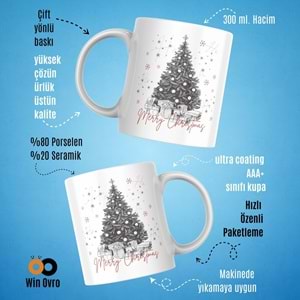 Win Ovro Premium Beyaz Porselen Hediye Çift Yön Baskılı Kupa Bardak - Merry Christmas Happy New Ye