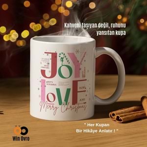 Win Ovro Premium Beyaz Porselen Hediye Çift Yön Baskılı Kupa Bardak - Joy Love Merry Christmas
