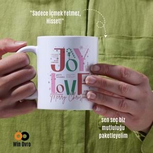 Win Ovro Premium Beyaz Porselen Hediye Çift Yön Baskılı Kupa Bardak - Joy Love Merry Christmas