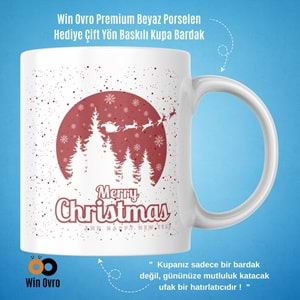 Win Ovro Premium Beyaz Porselen Hediye Çift Yön Baskılı Kupa Bardak - Merry Christmas Happy New