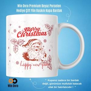Win Ovro Premium Beyaz Porselen Hediye Çift Yön Baskılı Kupa Bardak - Merry Christmas Happy New 3