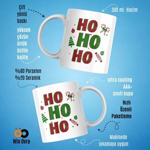 Win Ovro Premium Beyaz Porselen Hediye Çift Yön Baskılı Kupa Bardak - Ho Ho Ho Christmas
