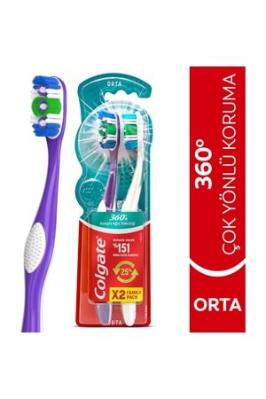 Colgate 360 Komple Ağız Temizliği Çok Yönlü Koruma Orta Diş Fırçası 1+1