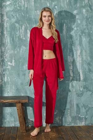 Mihra Kadın Kadife Büstiyerli Sabahlıklı Pijama Takımı - Kırmızı - L Beden