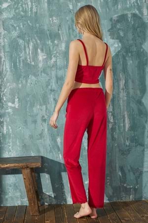 Mihra Kadın Kadife Büstiyerli Sabahlıklı Pijama Takımı - Kırmızı - SM Beden