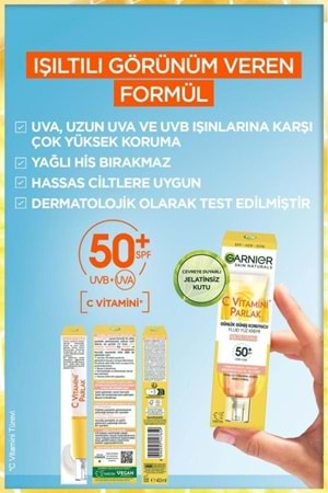 Garnier C Vitamini Parlak Günlük Uv Korumalı Güneş Yüz Kremi Spf50 Işıltılı Doku 40ml