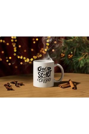 Win Ovro Premium Ultra Beyaz Porselen Kupa Bardak Çift Yönlü Baskılı - Good Ideas Start With Coffee