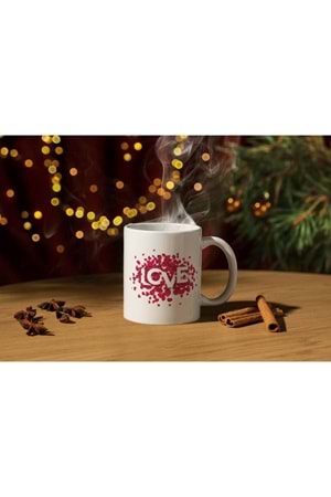 Win Ovro Premium Ultra Beyaz Porselen Kupa Bardak Çift Yönlü Baskılı - Love Yaprak