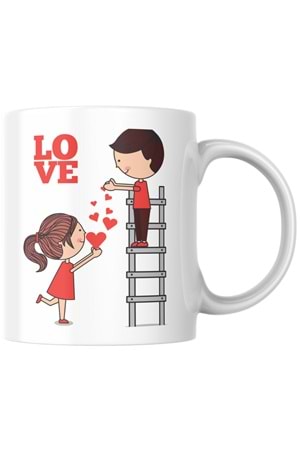 Win Ovro Premium Ultra Beyaz Porselen Kupa Bardak Çift Yönlü Baskılı - Sevgili Aşk Kalp Merdiven