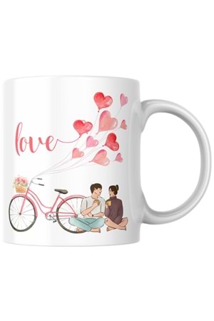 Win Ovro Premium Ultra Beyaz Porselen Kupa Bardak Çift Yönlü Baskılı - Love Aşk Sevgi Bisiklet
