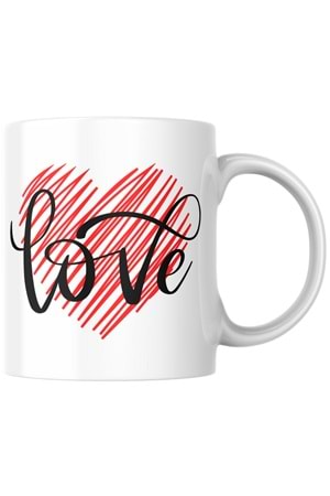 Win Ovro Premium Ultra Beyaz Porselen Kupa Bardak Çift Yönlü Baskılı - Love Kalp Aşk Kırmızı