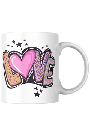 Win Ovro Premium Ultra Beyaz Porselen Kupa Bardak Çift Yönlü Baskılı - Love Yazı Desenli Renkli