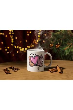 Win Ovro Premium Ultra Beyaz Porselen Kupa Bardak Çift Yönlü Baskılı - Love Yazı Desenli Renkli