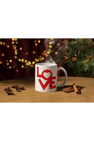 Win Ovro Premium Ultra Beyaz Porselen Kupa Bardak Çift Yönlü Baskılı - Love Kalp Aşk