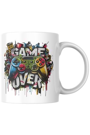 Win Ovro Premium Ultra Beyaz Porselen Kupa Bardak Çift Yönlü Baskı - Game Over Ps Oyun Kol Tasarım