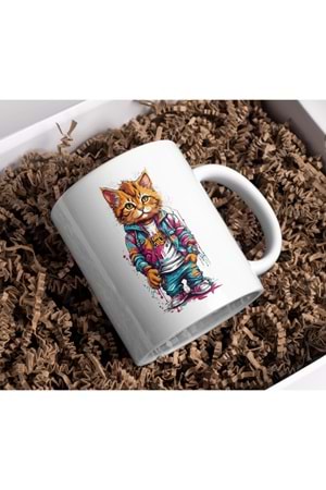 Win Ovro Premium Ultra Beyaz Porselen Kupa Bardak Çift Yönlü Baskı - Kedi Cat Renkli Art Tasarım