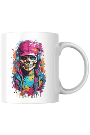 Win Ovro Premium Ultra Beyaz Porselen Kupa Bardak Çift Yönlü Baskı - Kulaklık Kuru Kafa Tasarım