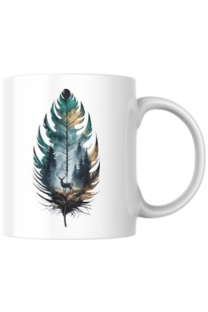 Win Ovro Premium Ultra Beyaz Porselen Kupa Bardak Çift Yönlü Baskı - Geyik Yaprak Doğa Tasarım