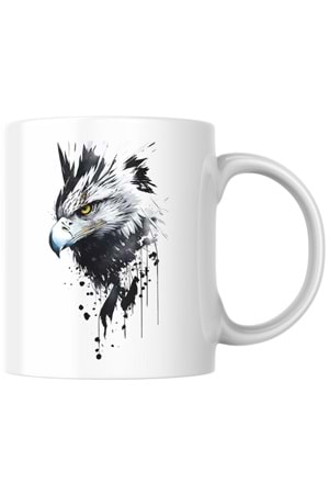 Win Ovro Premium Ultra Beyaz Porselen Kupa Bardak Çift Yönlü Baskı - Kartal Eagle Siyah Beyaz Tasarım