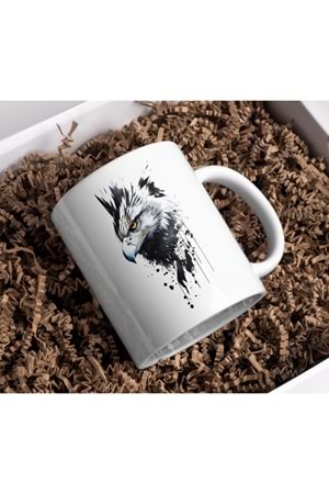 Win Ovro Premium Ultra Beyaz Porselen Kupa Bardak Çift Yönlü Baskı - Kartal Eagle Siyah Beyaz Tasarım