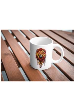 Win Ovro Premium Ultra Beyaz Porselen Kupa Bardak Çift Yönlü Baskı - Aslan Renkli Tasarım