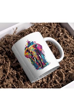 Win Ovro Premium Ultra Beyaz Porselen Kupa Bardak Çift Yönlü Baskı - Fil Renkli Tasarım İllüstrasyon