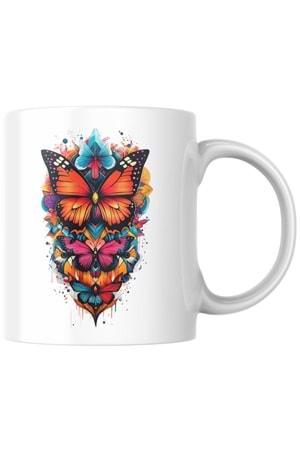 Win Ovro Premium Ultra Beyaz Porselen Kupa Bardak Çift Yönlü Baskı - Kelebek Tasarım İllüstrasyon