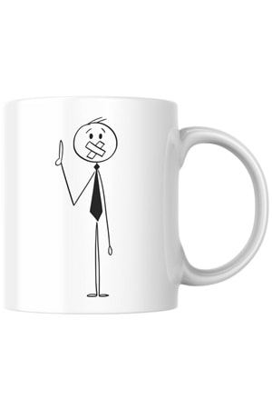 Win Ovro Premium Beyaz Porselen Hediye Kupa Bardak Çift Yönlü Baskı - Çizgiyle Anlat Çöp Adam Susma