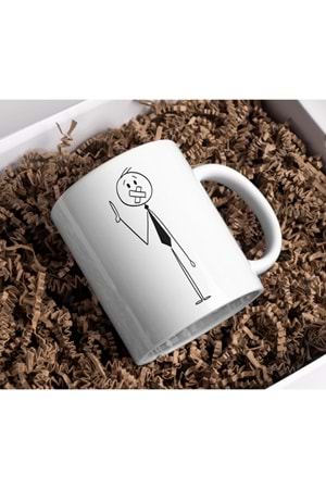 Win Ovro Premium Beyaz Porselen Hediye Kupa Bardak Çift Yönlü Baskı - Çizgiyle Anlat Çöp Adam Susma