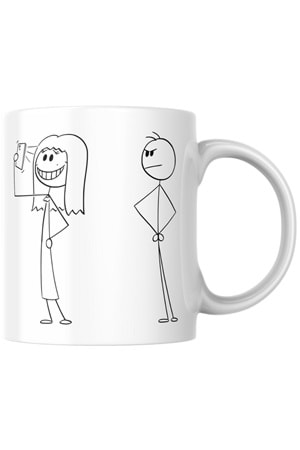 Win Ovro Premium Beyaz Porselen Hediye Kupa Bardak Çift Yönlü Baskı - Çizgiyle Anlat Çöp Adam Selfi
