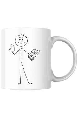 Win Ovro Premium Beyaz Porselen Hediye Kupa Bardak Çift Yönlü Baskı - Çizgiyle Anlat Çöp Adam Relax