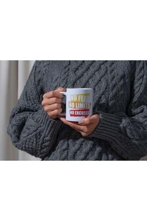 Win Ovro Premium Beyaz Porselen Hediye Kupa Bardak Çift Yön Baskı - No Fear No Limits No Excuses