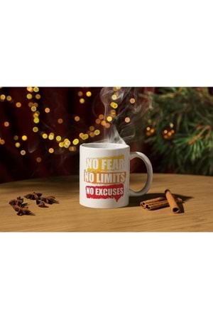 Win Ovro Premium Beyaz Porselen Hediye Kupa Bardak Çift Yön Baskı - No Fear No Limits No Excuses