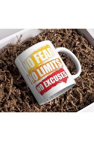 Win Ovro Premium Beyaz Porselen Hediye Kupa Bardak Çift Yön Baskı - No Fear No Limits No Excuses