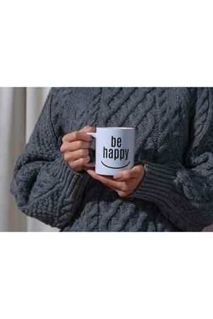 Win Ovro Premium Beyaz Porselen Hediye Kupa Bardak Çift Yön Baskı - Be Happy