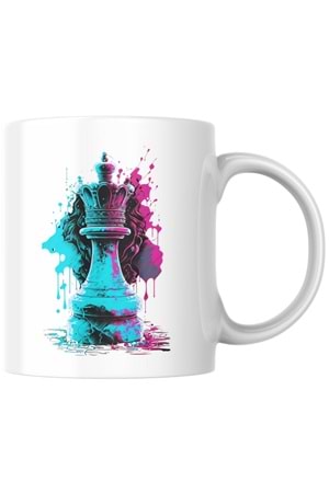 Win Ovro Premium Beyaz Porselen Hediye Kupa Bardak Çift Yön Baskı - Şah Kral Satranç Renkli Chess