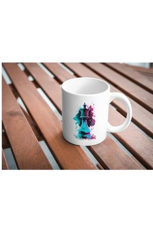 Win Ovro Premium Beyaz Porselen Hediye Kupa Bardak Çift Yön Baskı - Şah Kral Satranç Renkli Chess