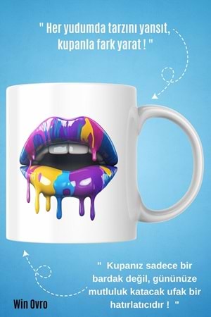 Win Ovro Premium Beyaz Porselen Hediye Kupa Bardak Çift Yön Baskı - Sanatsal Dudaklar Artistic Lips