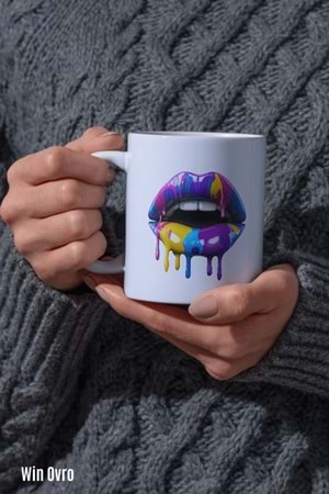 Win Ovro Premium Beyaz Porselen Hediye Kupa Bardak Çift Yön Baskı - Sanatsal Dudaklar Artistic Lips