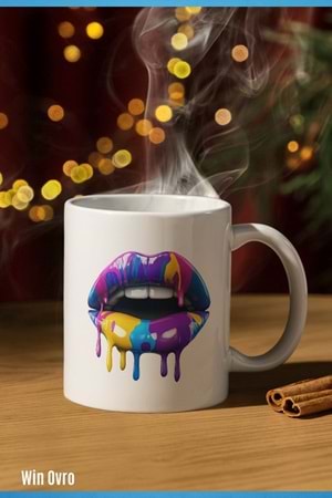 Win Ovro Premium Beyaz Porselen Hediye Kupa Bardak Çift Yön Baskı - Sanatsal Dudaklar Artistic Lips