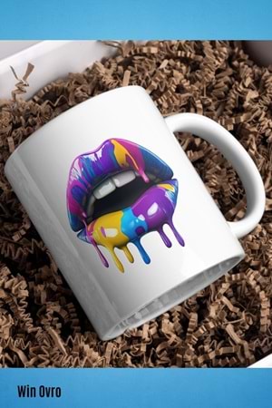 Win Ovro Premium Beyaz Porselen Hediye Kupa Bardak Çift Yön Baskı - Sanatsal Dudaklar Artistic Lips