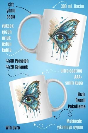 Win Ovro Premium Beyaz Porselen Hediye Kupa Bardak Çift Yön Baskı - Kelebek Kanadında Bir Göz